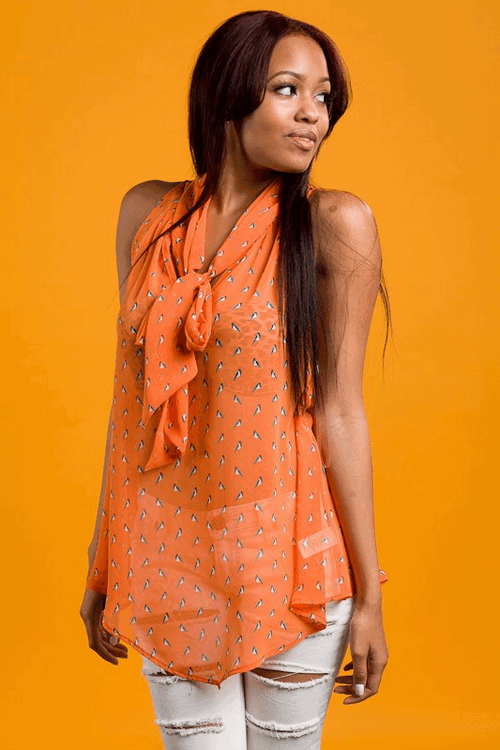 Bird Print Bow Tie Blouse